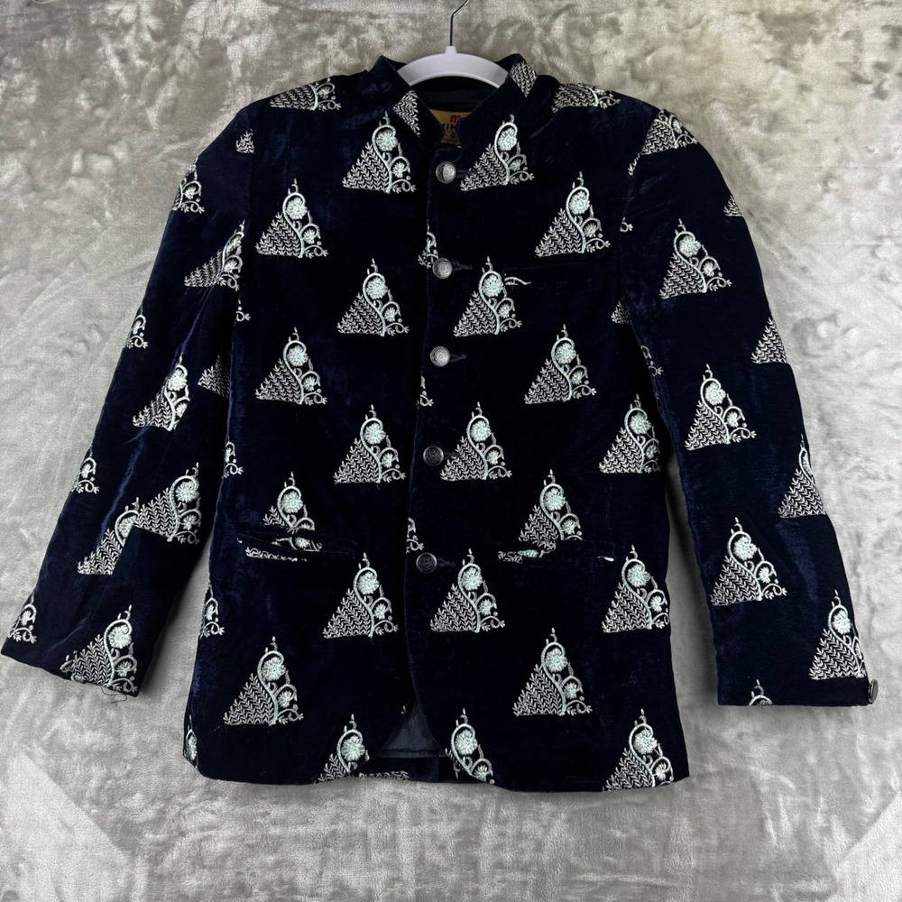 Mimic Velvet Blazer Kids Size‎ 9 Navy Blue Embroidered Mandarin Collar (1640)